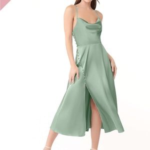 Azazie Ceci satin tea-length dress in Agave